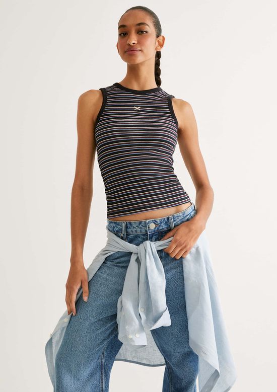 Foto do produto: Regata Feminina Listrada Em Ribana Canelada - Azul