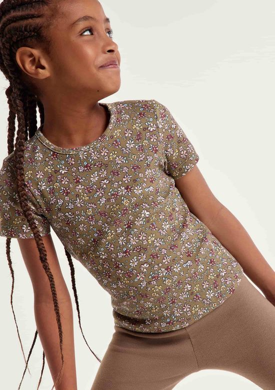 Foto do produto: Blusa Infantil Menina Manga Curta Em Ribana Estampada - Caqui