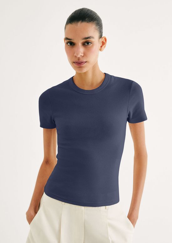 Foto do produto: Blusa Feminina Manga Curta Slim Em Ribana - Azul