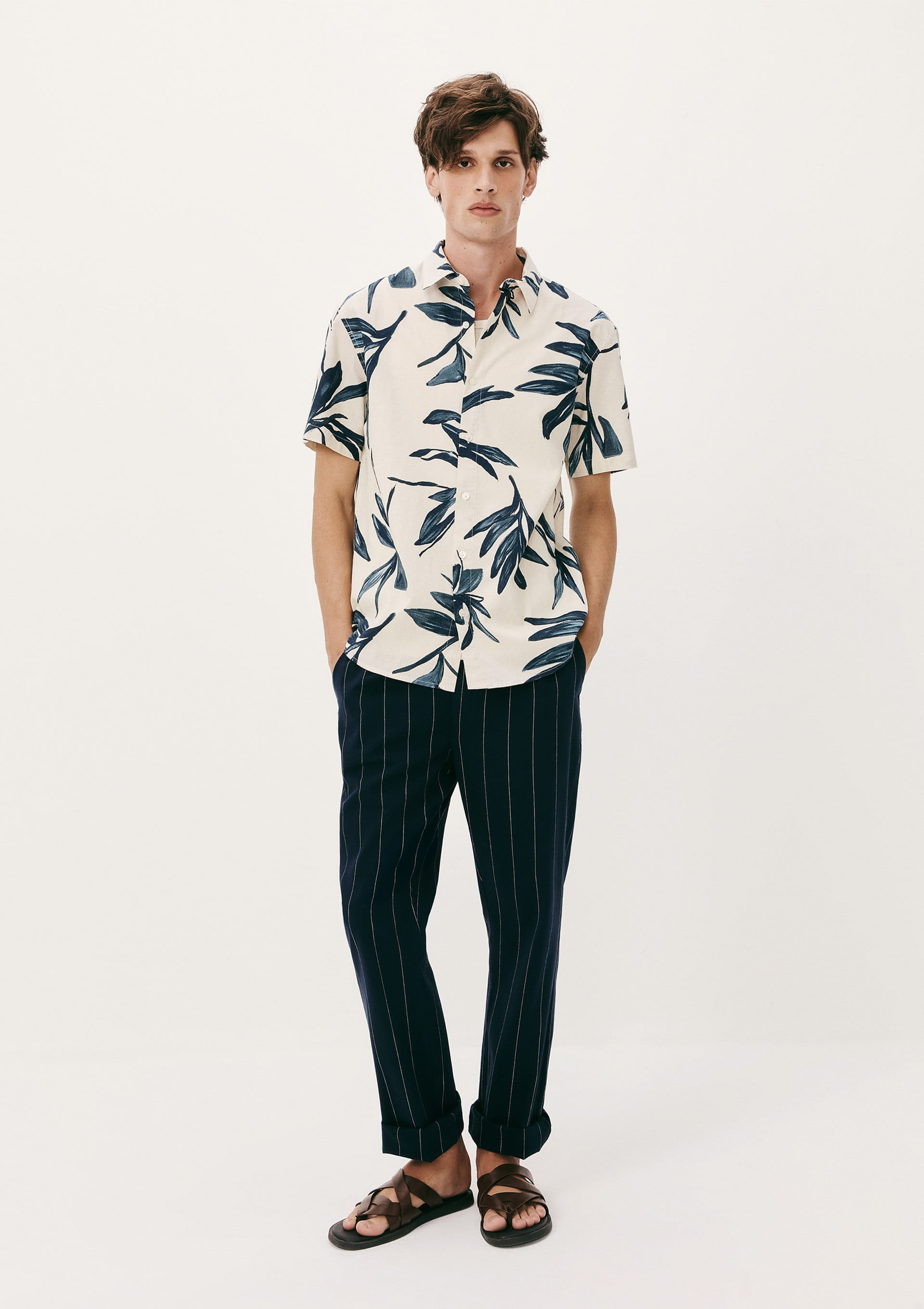 Camisa Masculina Manga Curta Estampada Com Linho - Off white | Hering