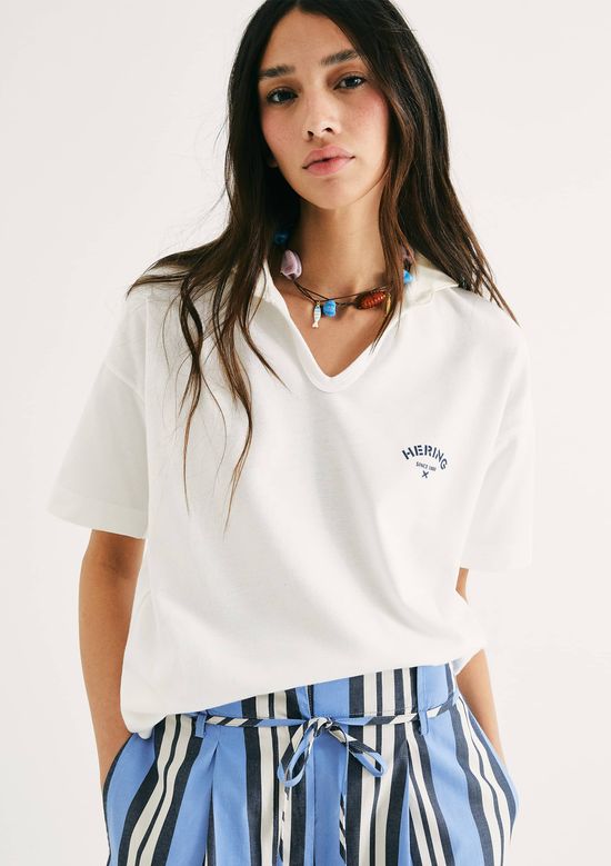 Foto do produto: Camisa Polo Feminina Oversized Em Malha Binada - Off white