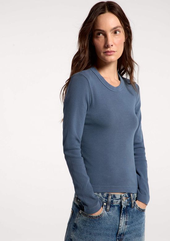 Foto do produto: Blusa Feminina Manga Longa Em Ribana Estonada - Azul