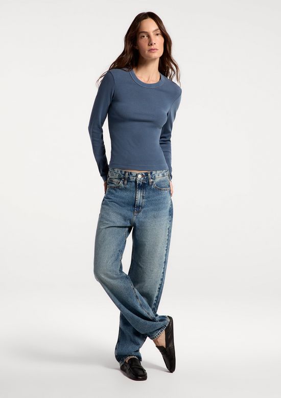 Foto do produto: Blusa Feminina Manga Longa Em Ribana Estonada - Azul