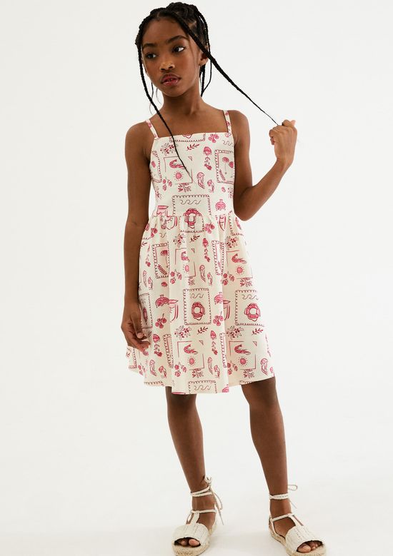 Foto do produto: Vestido Infantil Godê Estampado Com Linho - Creme