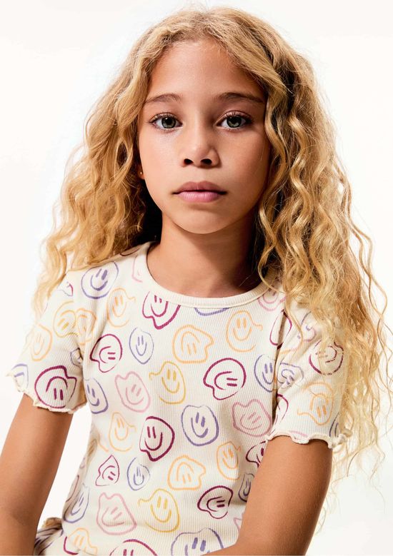 Foto do produto: Blusa Infantil Menina Manga Curta Em Ribana Estampada - Creme