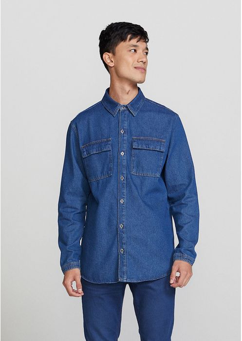 Camisa Jeans Masculina Overshirt - Azul Médio