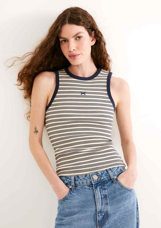 Foto do produto: Regata Feminina Listrada Em Ribana Canelada - Azul