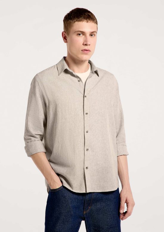 Foto do produto: Camisa Masculina Manga Longa Listrada Em Linho - Off white