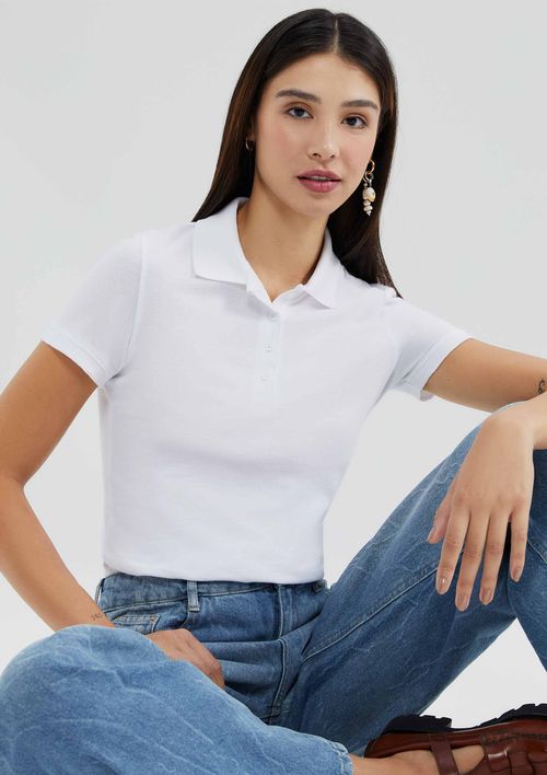 Camisa Polo Básica Feminina Slim Manga Curta - Branco