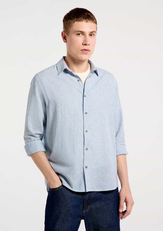 Foto do produto: Camisa Masculina Manga Longa Listrada Em Linho - Cinza