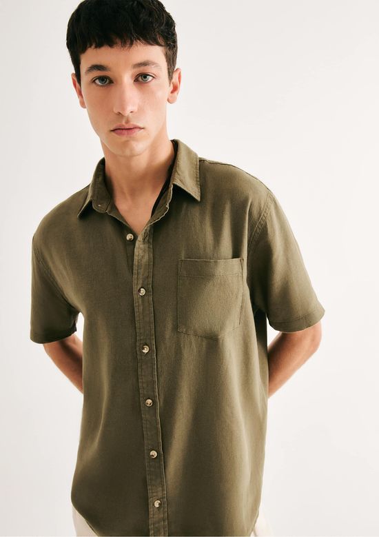 Foto do produto: Camisa Básica Masculina Manga Curta Slim Em Linho - Verde