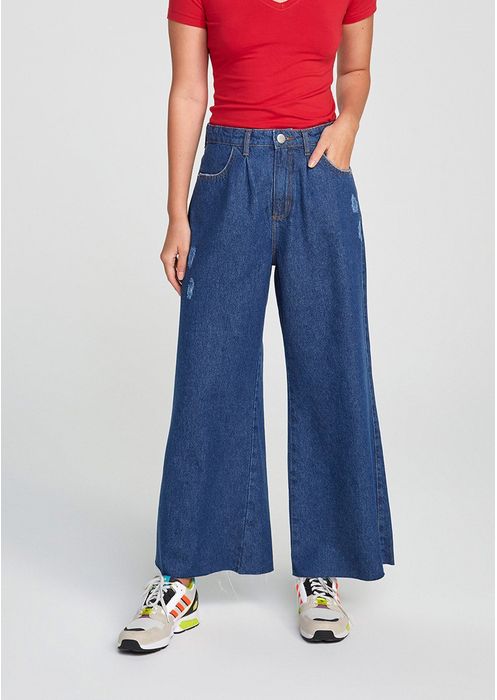 Calça Jeans Feminina Cintura Alta Wide Leg - Azul