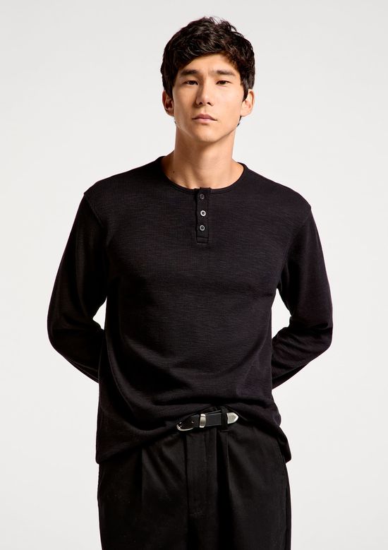 Foto do produto: Camiseta Masculina Henley Malha Thermal Algodão - Preto