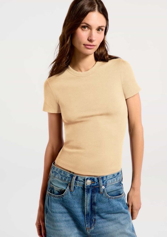 Foto do produto: Blusa Feminina Manga Curta Slim Em Ribana - Bege