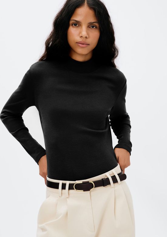 Foto do produto: Blusa Básica Feminina Manga Longa Gola Alta Em Ribana Canelada - Preto