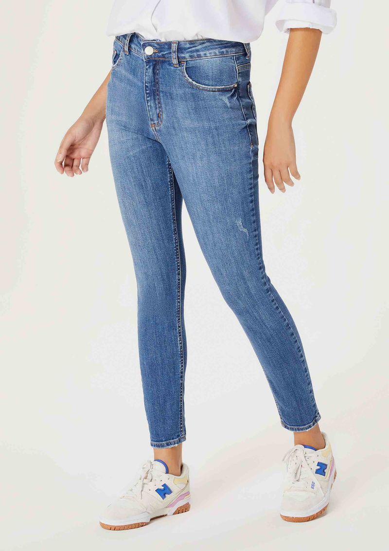 Calça Jeans Skinny Feminina Cintura Média Cropped - Azul