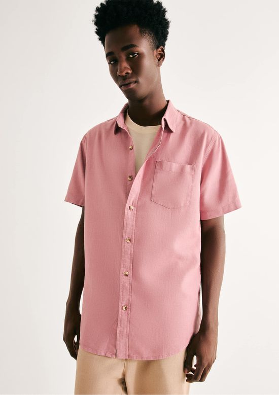 Foto do produto: Camisa Básica Masculina Manga Curta Slim Em Linho - Rosa