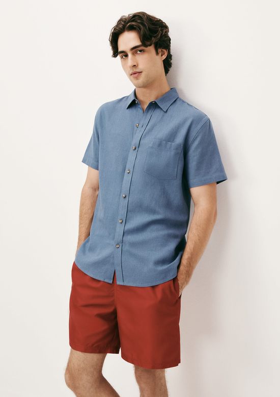 Foto do produto: Camisa Básica Masculina Manga Curta Slim Em Linho - Azul