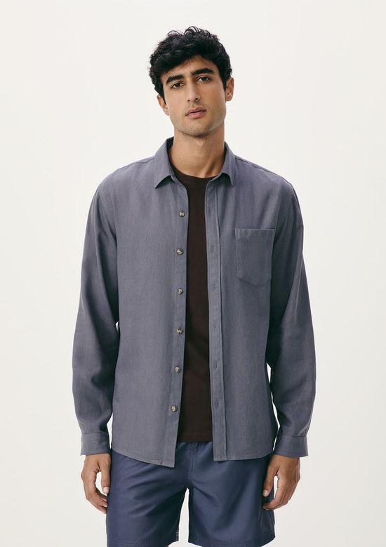 Foto do produto: Camisa Básica Masculina Manga Longa Slim Em Linho - Azul