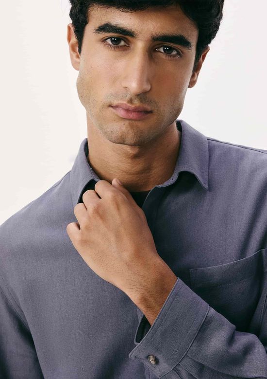 Foto do produto: Camisa Básica Masculina Manga Longa Slim Em Linho - Azul