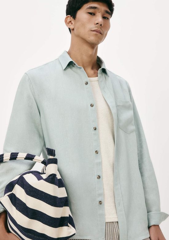 Foto do produto: Camisa Básica Masculina Manga Longa Slim Em Linho - Azul