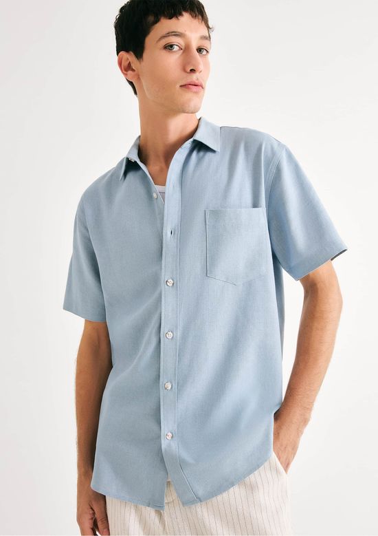 Foto do produto: Camisa Básica Masculina Manga Curta Slim Em Linho - Azul