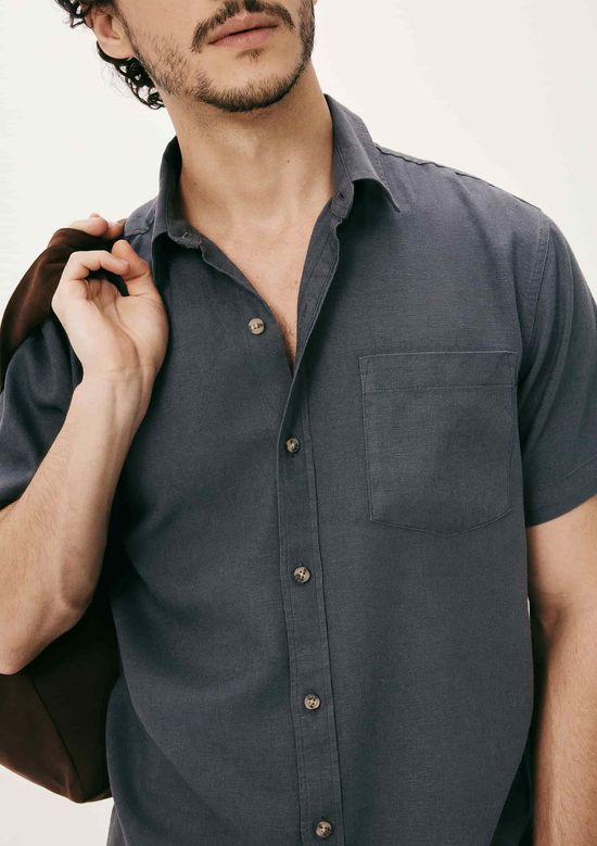 Foto do produto: Camisa Básica Masculina Manga Curta Slim Em Linho - Azul