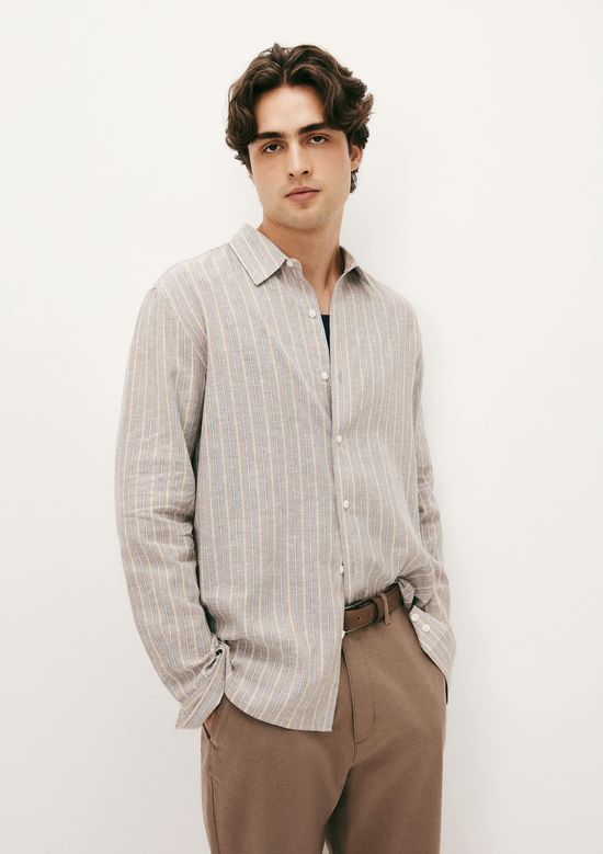 Foto do produto: Camisa Masculina Manga Longa Listrada Em Linho - Bege