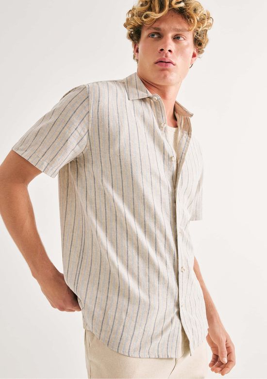 Foto do produto: Camisa Masculina Manga Curta Fio Tinto Listrada Em Linho - Azul