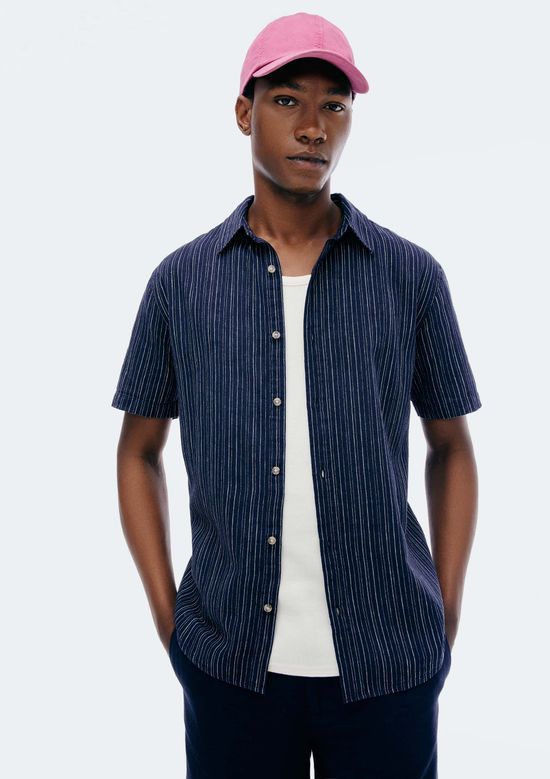 Foto do produto: Camisa Masculina Manga Curta Fio Tinto Listrada Em Linho - Azul