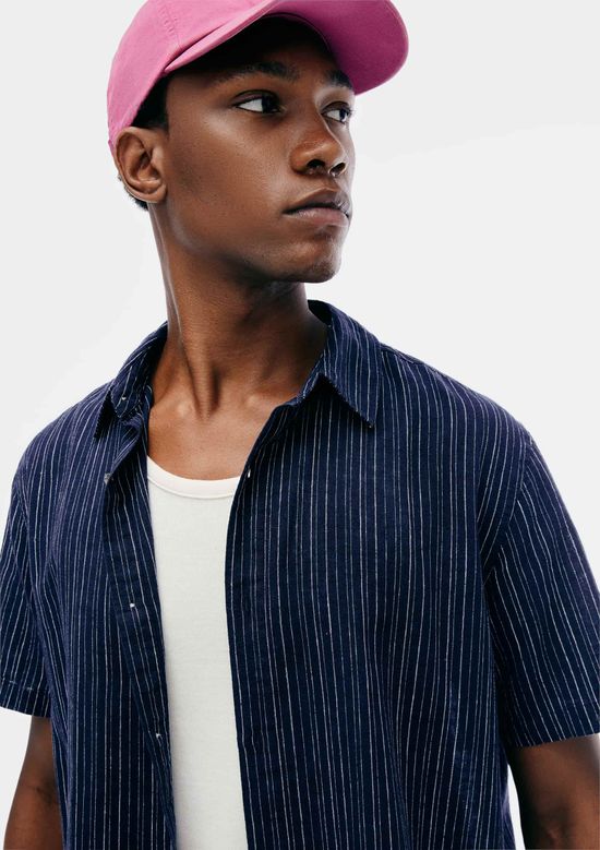 Foto do produto: Camisa Masculina Manga Curta Fio Tinto Listrada Em Linho - Azul