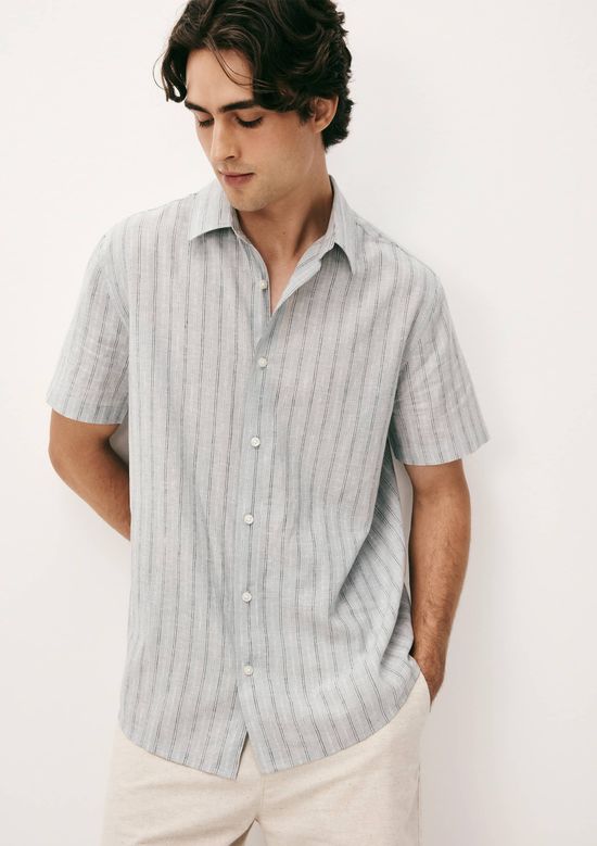 Foto do produto: Camisa Masculina Manga Curta Fio Tinto Listrada Em Linho - Cinza