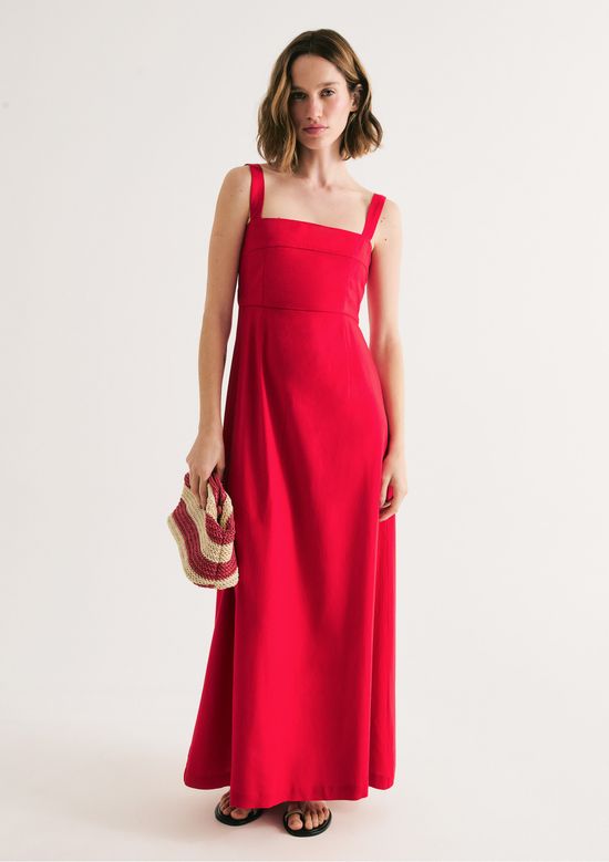 Foto do produto: Vestido Midi Evasê Alças Médias Rústico Com Linho - Vermelho