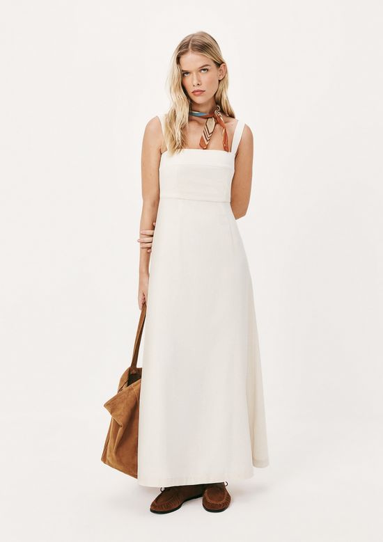 Foto do produto: Vestido Midi Evasê Alças Médias Rústico Com Linho - Bege