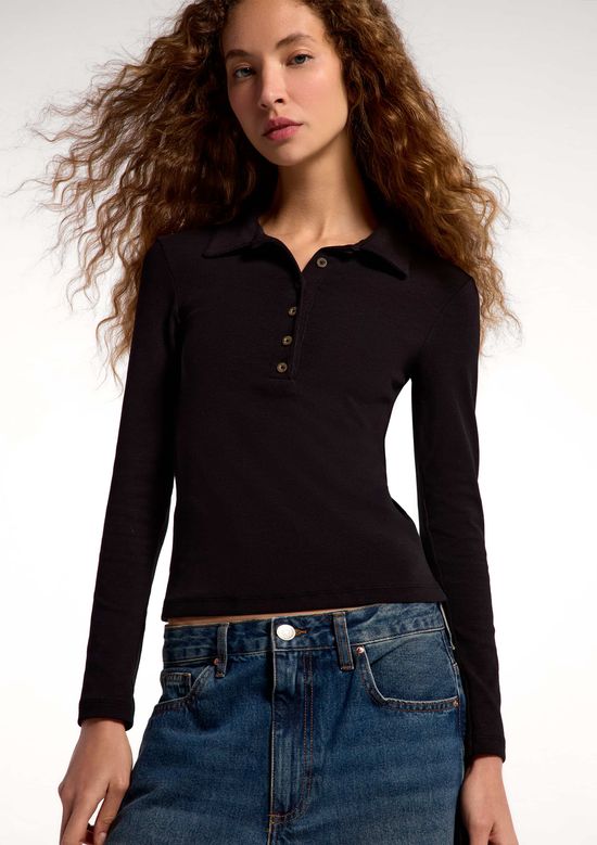 Foto do produto: Polo Feminina Manga Longa Em Ribana Ultra Soft - Preto