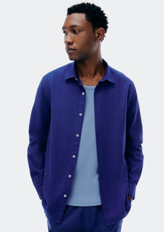 Foto do produto: Camisa Masculina Manga Longa Slim Com Linho - Azul