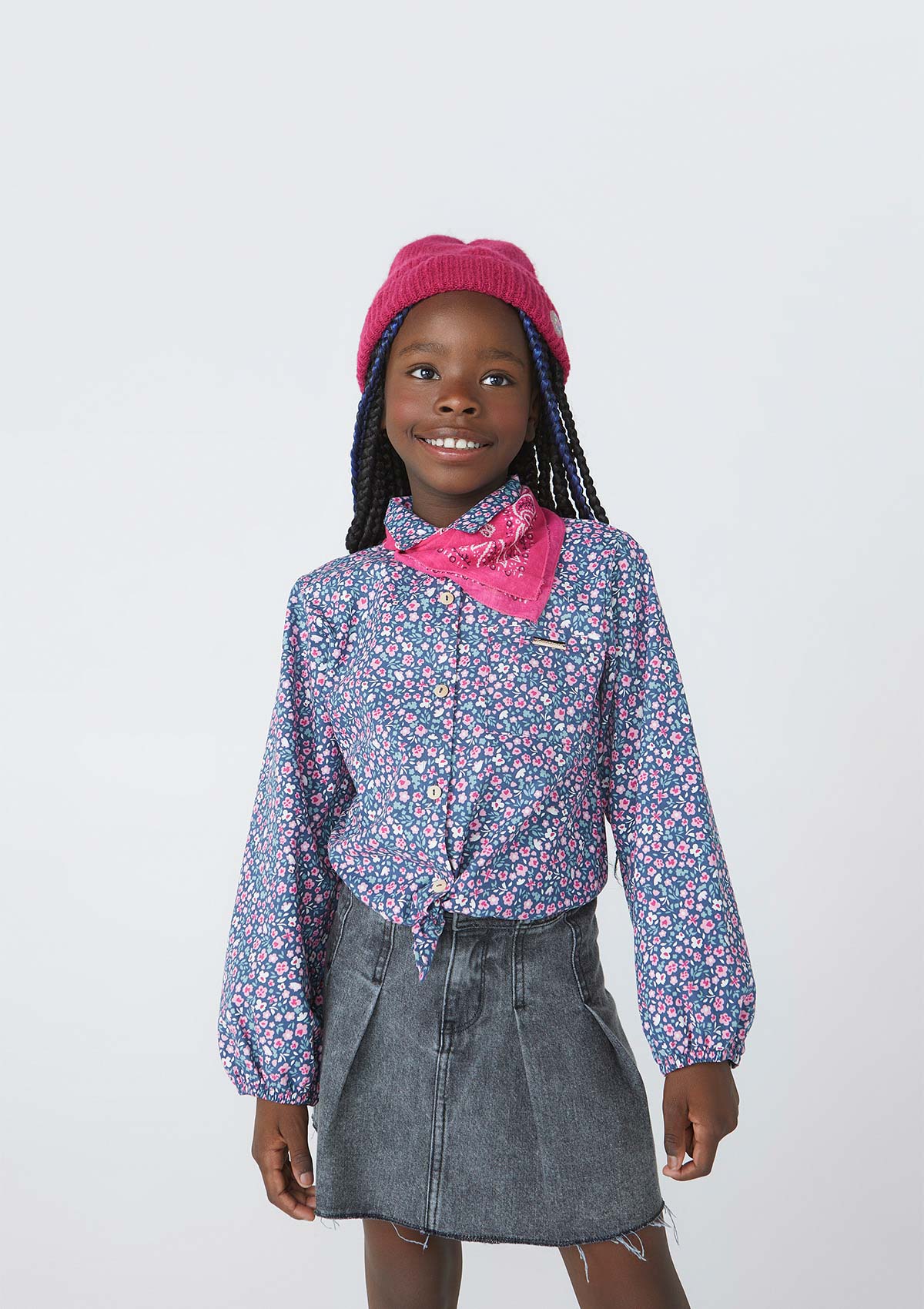 Camisa Infantil Menina Manga Longa Floral Com Amarração  - Azul