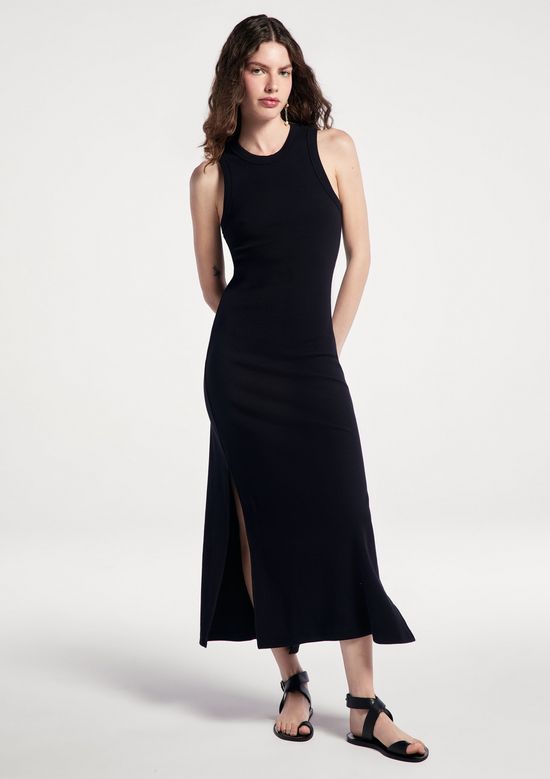 Foto do produto: Vestido Midi Em Ribana Canelada Com Fenda - Preto