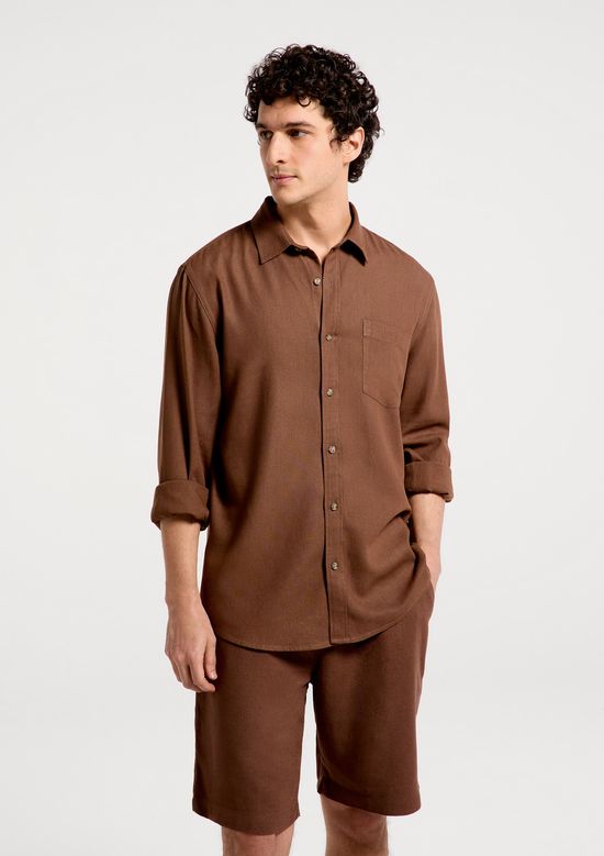 Foto do produto: Camisa Básica Masculina Manga Longa Slim Em Linho - Marrom