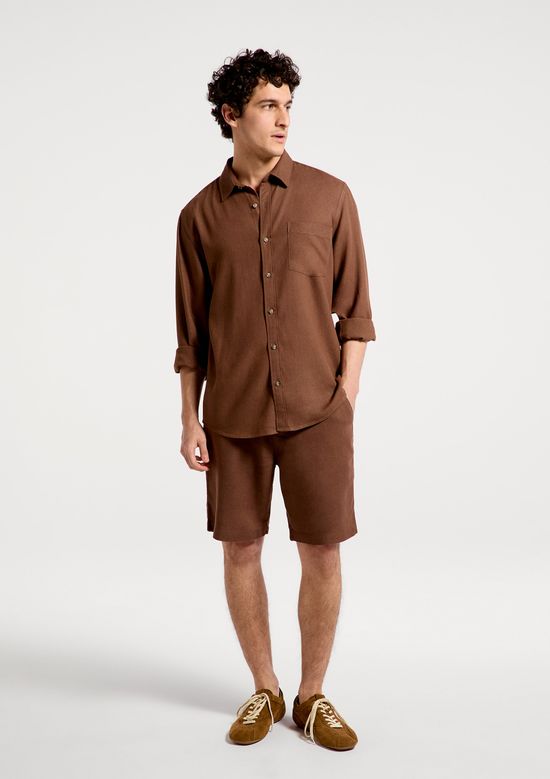 Foto do produto: Camisa Básica Masculina Manga Longa Slim Em Linho - Marrom