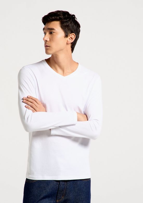 Foto do produto: Camiseta Básica Masculina Manga Longa Gola V World - Branco