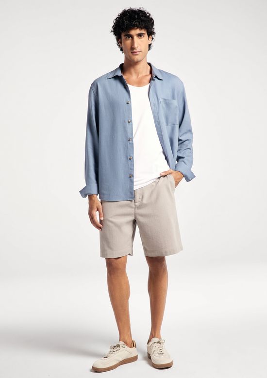 Foto do produto: Camisa Básica Masculina Manga Longa Slim Em Linho - Azul