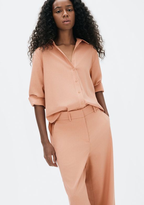 Foto do produto: Calça Feminina Reta Cintura Alta Com Linho - Salmão