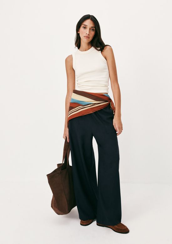 Foto do produto: Calça Feminina Reta Cintura Alta Com Linho - Azul