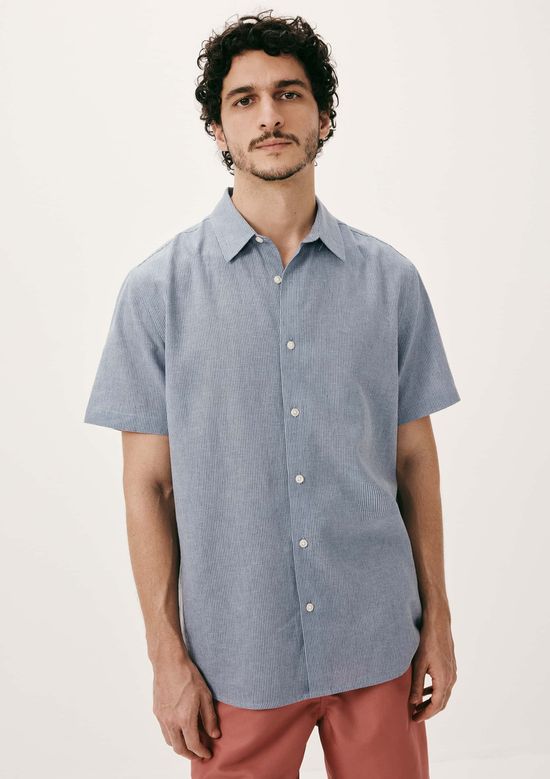 Foto do produto: Camisa Masculina Manga Curta Fio Tinto Listrada Em Linho - Azul