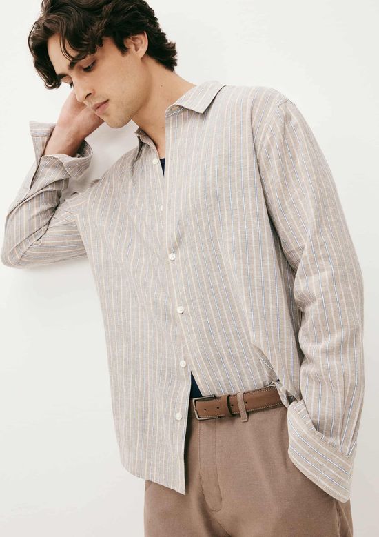 Foto do produto: Camisa Masculina Manga Longa Listrada Em Linho - Bege
