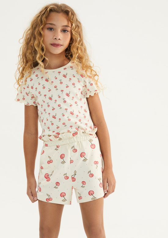 Foto do produto: Blusa Infantil Menina Manga Curta Em Ribana Estampada - Off white