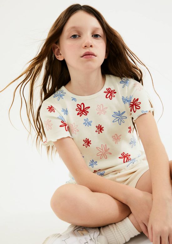 Foto do produto: Blusa Infantil Menina Manga Curta Em Ribana Estampada - Off white