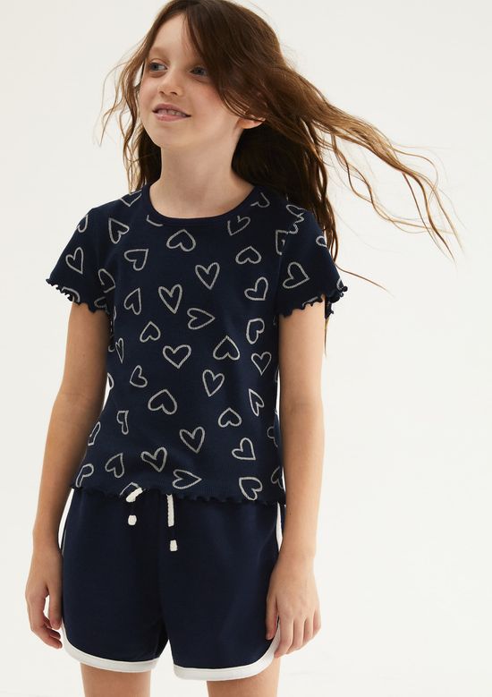 Foto do produto: Blusa Infantil Menina Manga Curta Em Ribana Estampada - Azul