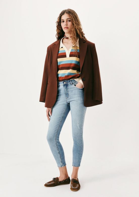 Foto do produto: Calça Jeans Básica Feminina Cintura Média Skinny Com Puídos - Azul